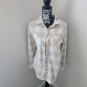 Beachlunchlounge Cream and Tan Plaid Flannel Oversized S